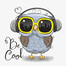 Cute drawing of owl with sunglasses and headphones.